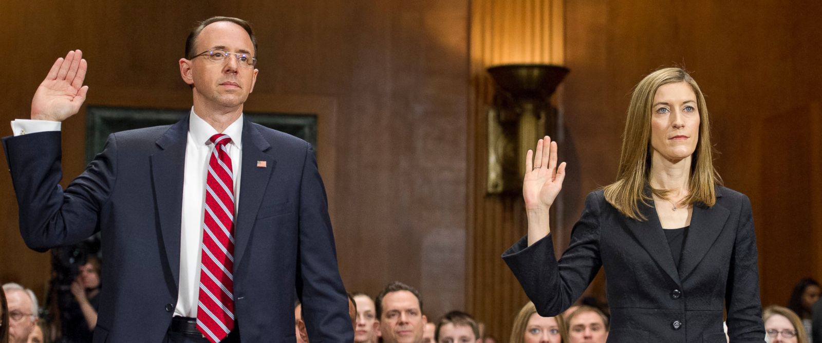 PHOTO: Rod J. Rosenstein, left, and Rachel L. Brand, are sworn-in before the US Senate Committee on the Judiciary on their nominations to serve in the US Department of Justice, March 7, 2017. 