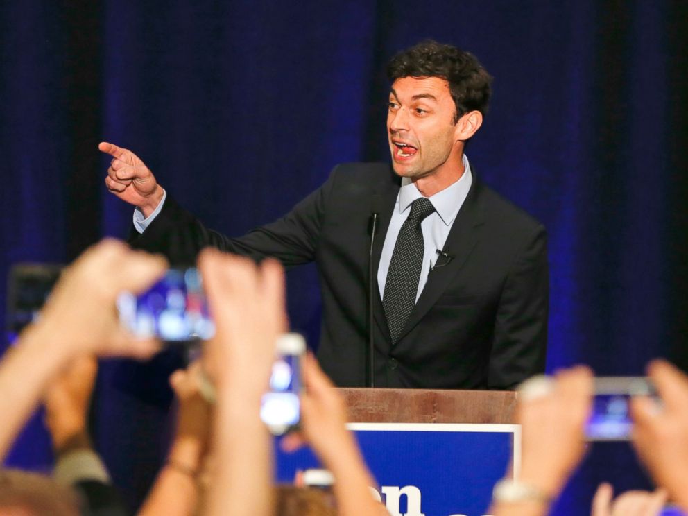 PHOTO: Democratic candidate for Georgias Sixth Congressional Seat Jon Ossoff speaks to supporters during an election-night watch party, April 18, 2017, in Dunwoody, Ga.