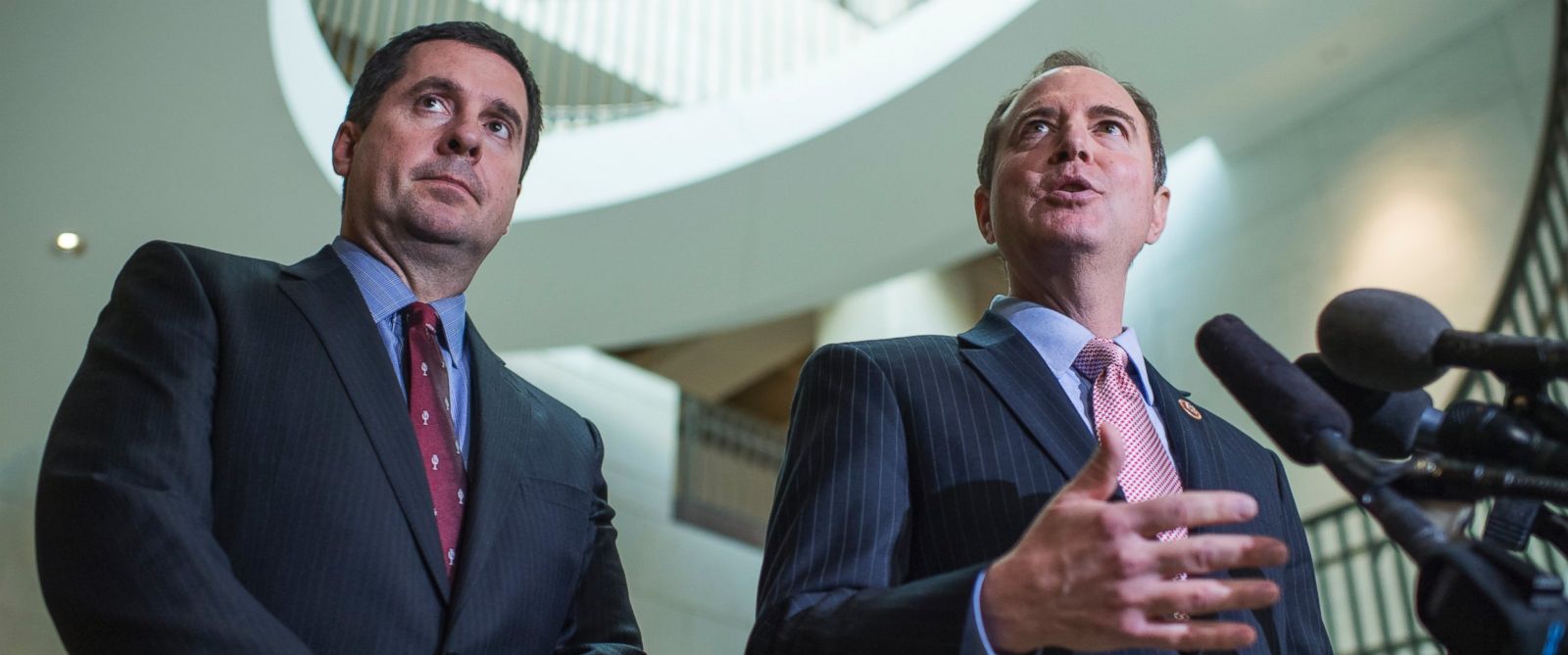 PHOTO: Rep. Adam Schiff, D-Calif., right, and Chairman Devin Nunes, R-Calif., conduct a news conference in the Capitol Visitor Center after a briefing with FBI Director James Comey about Russia, March 2, 2017. 