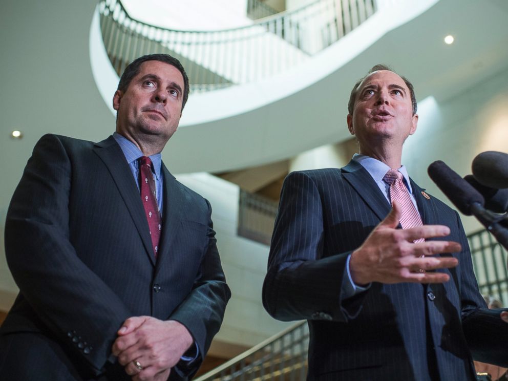 PHOTO: Rep. Adam Schiff, D-Calif., right, and Chairman Devin Nunes, R-Calif., conduct a news conference in the Capitol Visitor Center after a briefing with FBI Director James Comey about Russia, March 2, 2017.