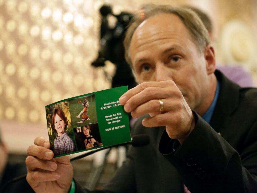 PHOTO: Mark Barden, a parent who lost his child, Daniel Barden, 7, in the Sandy Hook school shooting in Connecticut, testifies on assault weapon legislation at the Illinois State Capitol, May 20, 2013, in Springfield, Illinois.