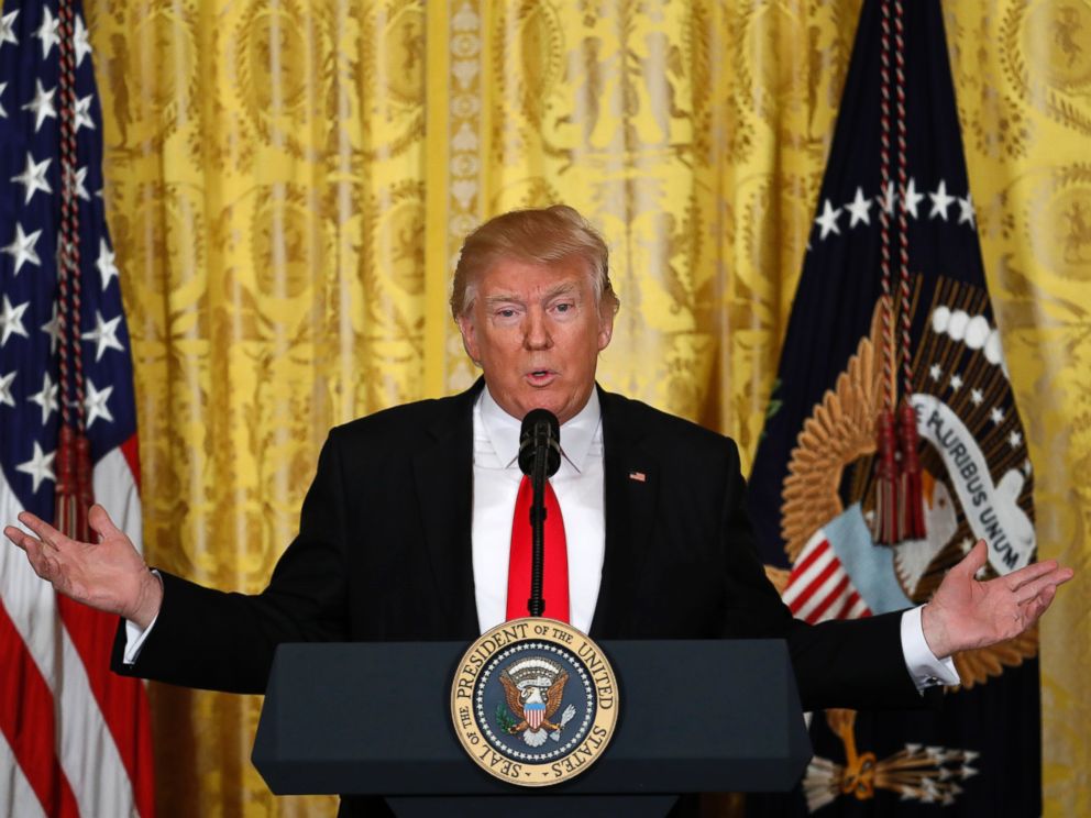 PHOTO: President Donald Trump speaks during a news conference, Feb. 16, 2017, in the East Room of the White House in Washington.