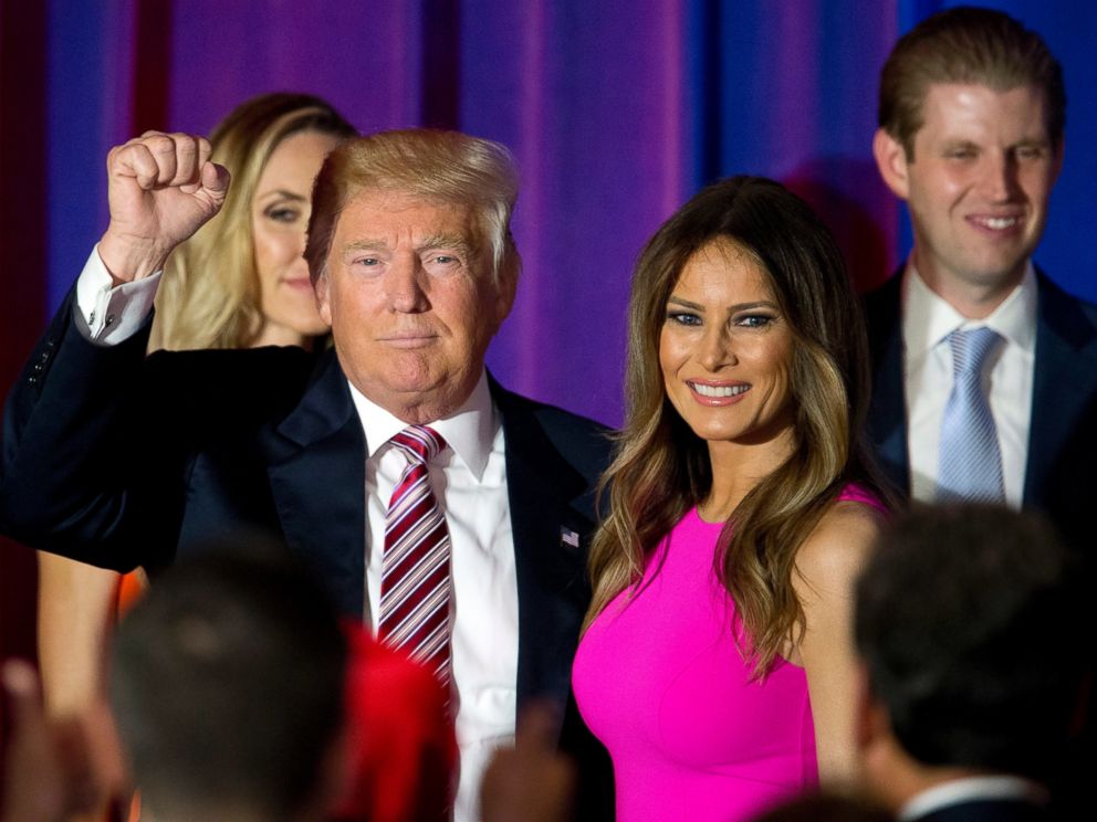 PHOTO: Republican presidential candidate Donald Trump gestures to supporters as he leaves the stage with his wife Melania after a news conference at the Trump National Golf Club Westchester, June 7, 2016, in Briarcliff Manor, New York.