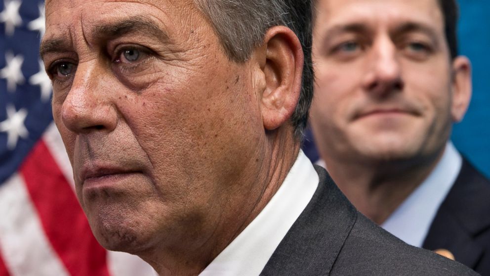 PHOTO: House Speaker John Boehner of Ohio, left, joined by House Budget Committee Chairman Rep. Paul Ryan, R-Wis., takes reporters questions, on Capitol Hill in Washington, Dec. 11, 2013.