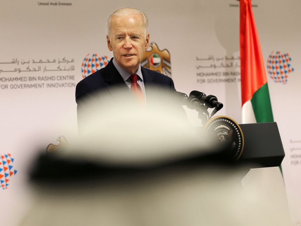 PHOTO: U.S. Vice President Joe Biden speaks during a conference with young Emirati entrepreneurs on March 8, 2016 in Dubai, United Arab Emirates.