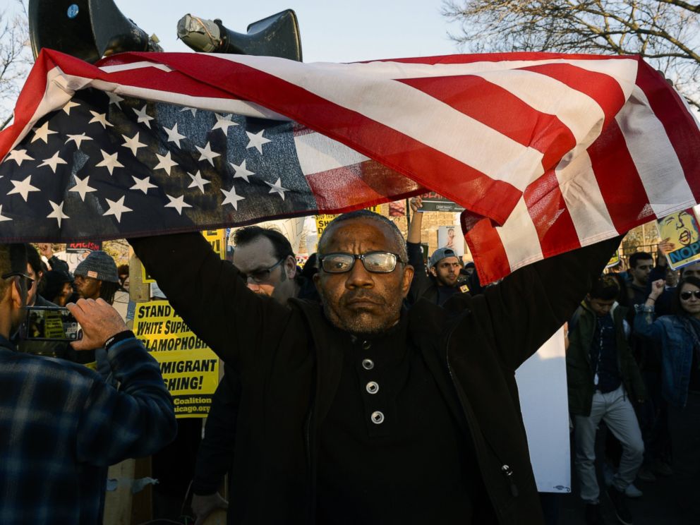 PHOTO: Sanko Hampton marches in Chicago, March 11, 2016, before a rally with Republican presidential candidate Donald Trump at the University of Illinois-Chicago.