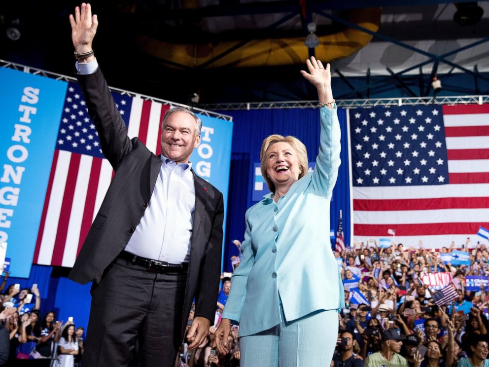 PHOTO: Democratic presidential candidate Hillary Clinton and Sen. Tim Kaine arrive at a rally at Florida International University Panther Arena in Miami, July 23, 2016. Clinton has chosen Kaine to be her running mate. 