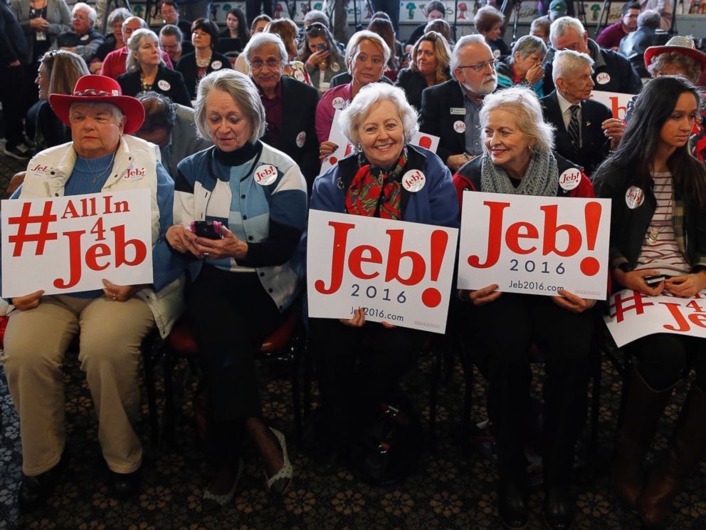 PHOTO: Supporters of Republican presidential candidate, former Florida Gov. Jed Bush, hold signs at a campaign stop at Wades Restaurant in Spartanburg, S.C., Feb. 19, 2016.