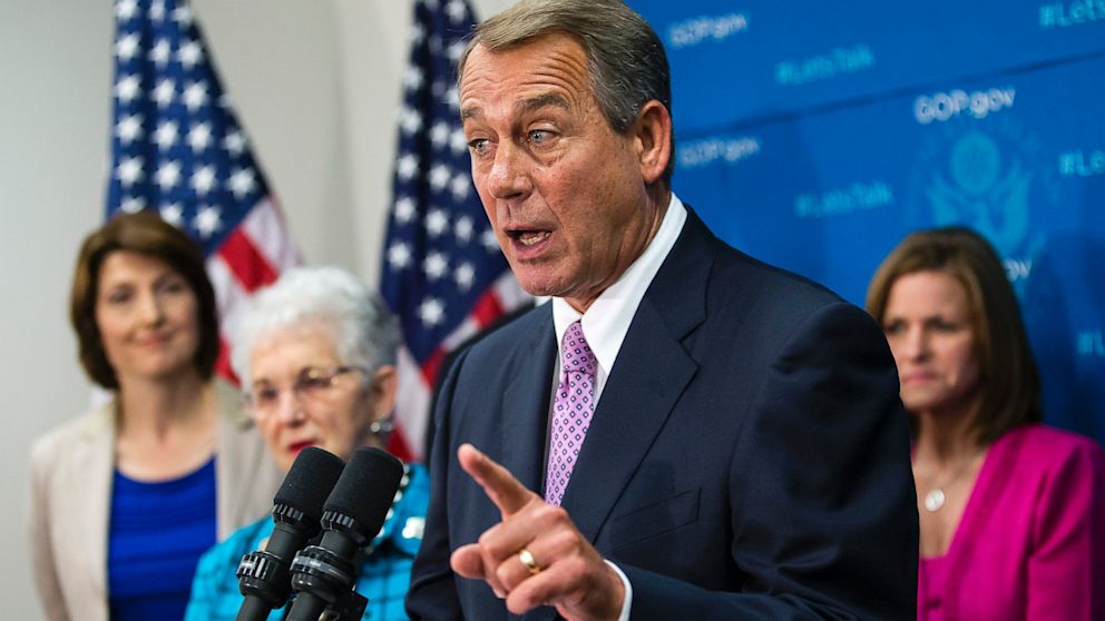 PHOTO: House Speaker John Boehner of Ohio, joined by members of the Republican Caucus, speaks during a news conference on Capitol Hill in Washington, Oct. 4, 2013.