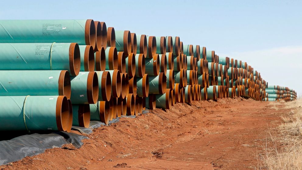 PHOTO: Miles of pipe ready to become part of the Keystone Pipeline are stacked in a field near Cushing, Okla. 