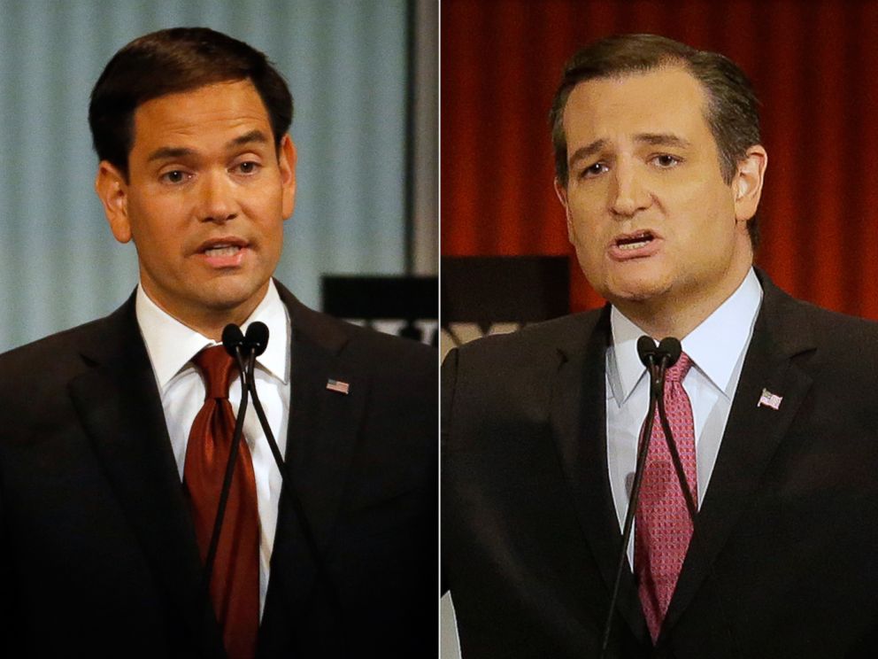 PHOTO: (L-R) Sen. Marco Rubio, R-Fla., and Ted Cruz speak during Republican presidential debate in Milwaukee, Nov. 10, 2015.