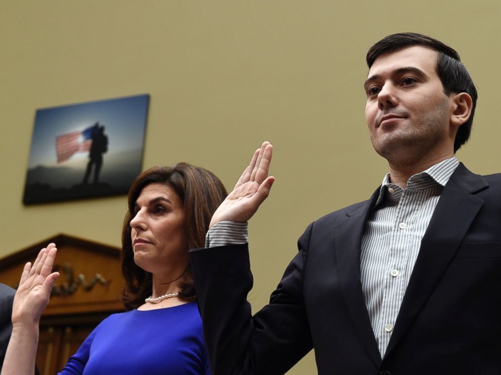 PHOTO: Pharmaceutical chief Martin Shkreli, right, and Nancy Retzlaff, Chief Commercial Officer of Turing Pharmaceuticals, are sworn in on Capitol Hill in Washington on Feb. 4, 2016.