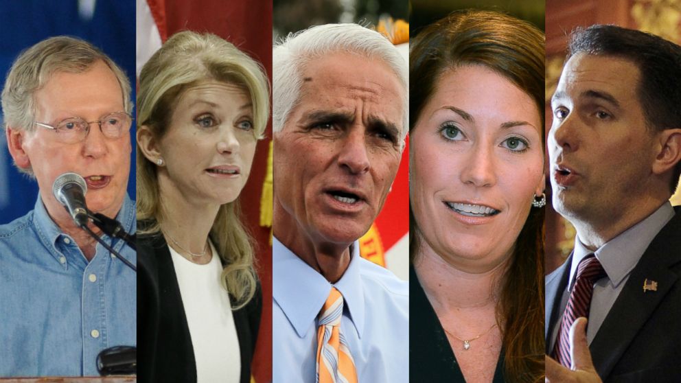 PHOTO: Kentucky Sen. Mitch McConnell, Texas State Sen. Wendy Davis, former Florida Gov. Charlie Crist, Kentucky U.S. Senate candidate Alison Lundergan Grimes, Wisconsin Gov. Scott Walker.