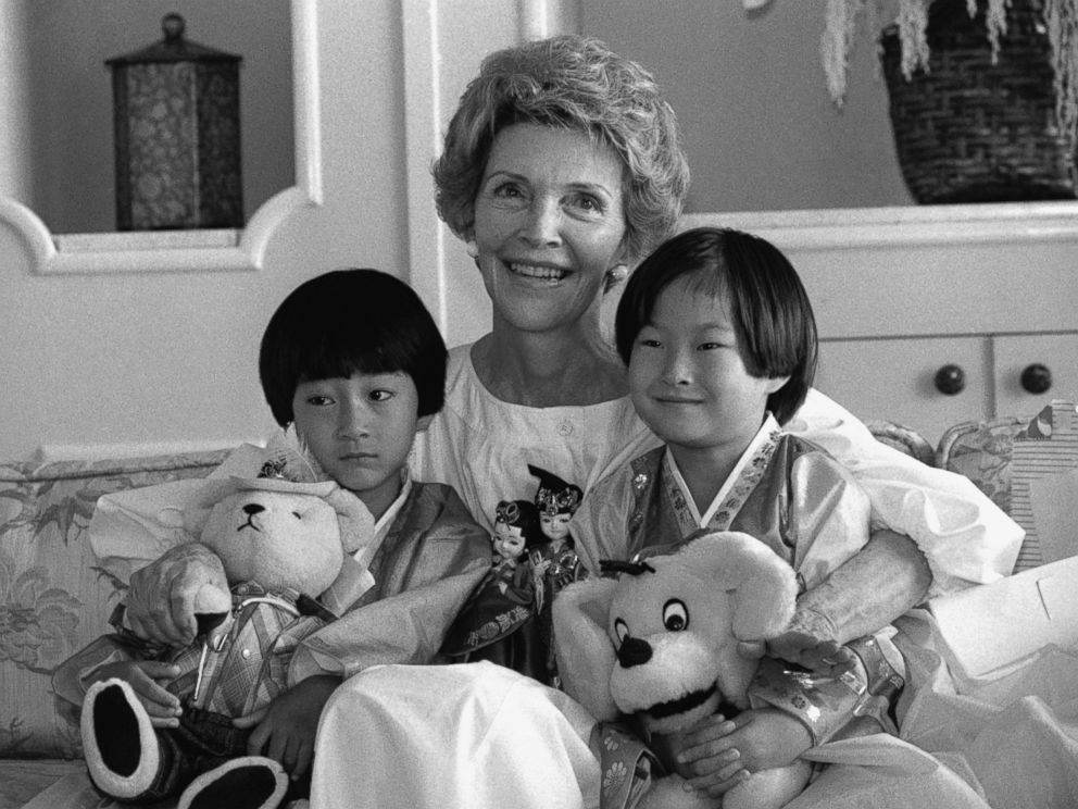 PHOTO: First Lady Nancy Reagan poses with Lee Kil Woo, 5, left, and Ahn Ji Sook, 8, Sept.4, 1984 in Los Angeles. The two Korean children came to the U.S. for heart surgery.