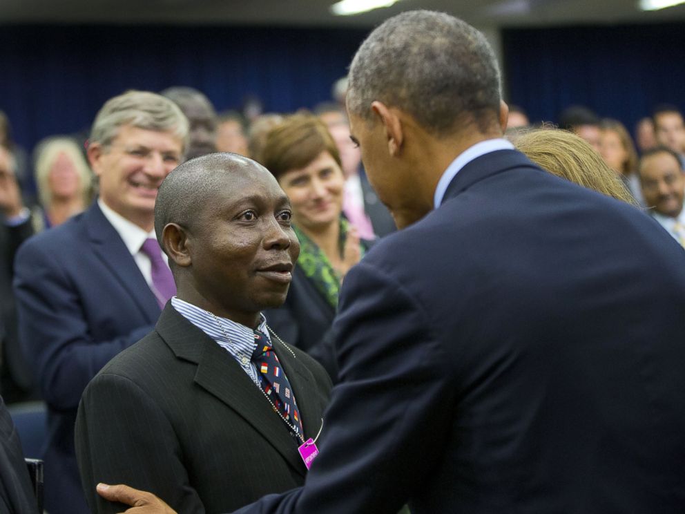 PHOTO: President Barack Obama, right, greets Dr. Melvin Korkor, left, after speaking at the Global Health Security Agenda Summit on Sept. 26, 2014 in Washington, D.C.