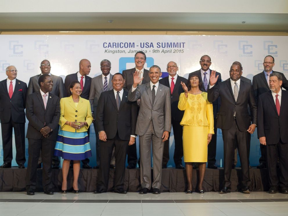 PHOTO: President Barack Obama, center, and Jamaican Prime Minister Portia Simpson-Miller, third from right, are joined by Caribbean Community (CARICOM) leaders for a group photo during the start of their summit, April 9, 2015, in Kingston, Jamaica.