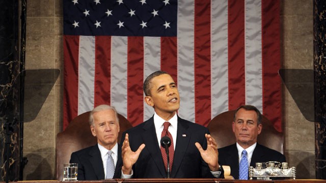 PHOTO: President Barack Obama delivers his State of the Union address on Capitol Hill in Washington, Jan. 24, 2012 as Vice President Joe Biden, back left, and House Speaker John Boehner listen.