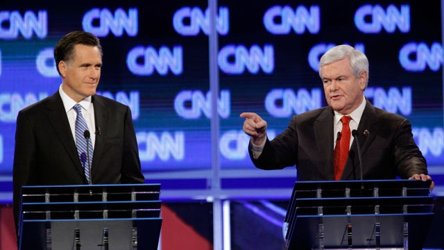 PHOTO: Republican presidential candidates, former Massachusetts Gov. Mitt Romney and former House Speaker Newt Gingrich participate in the Republican presidential candidate debate at the North Charleston Coliseum in Charleston, S.C., Jan. 19, 2012.