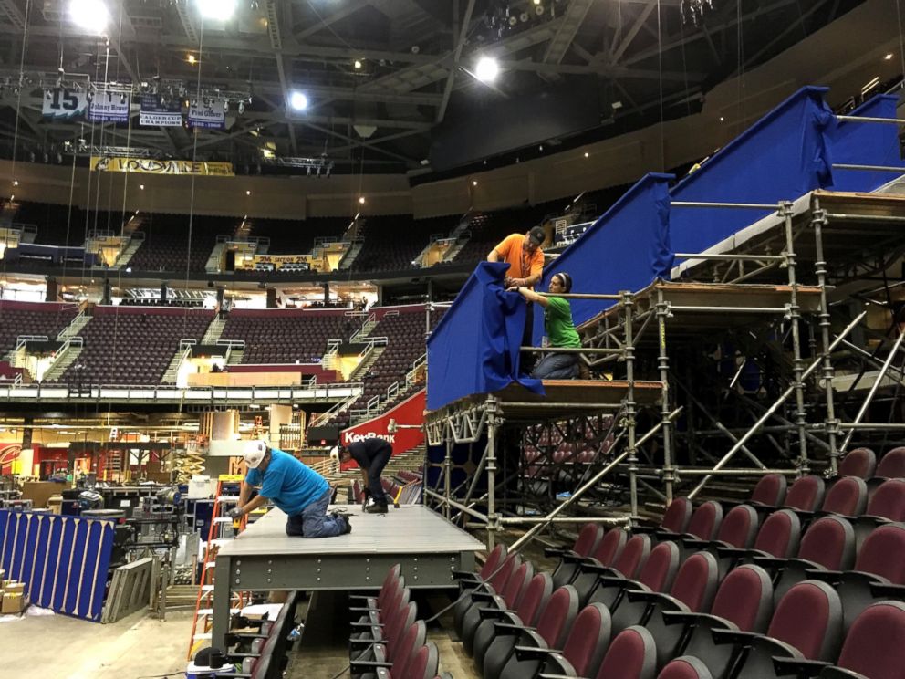 PHOTO: Workers prepare a camera platform inside Quicken Loans Arena in preparation for the Republican National Convention, June 28, 2016, in Cleveland.