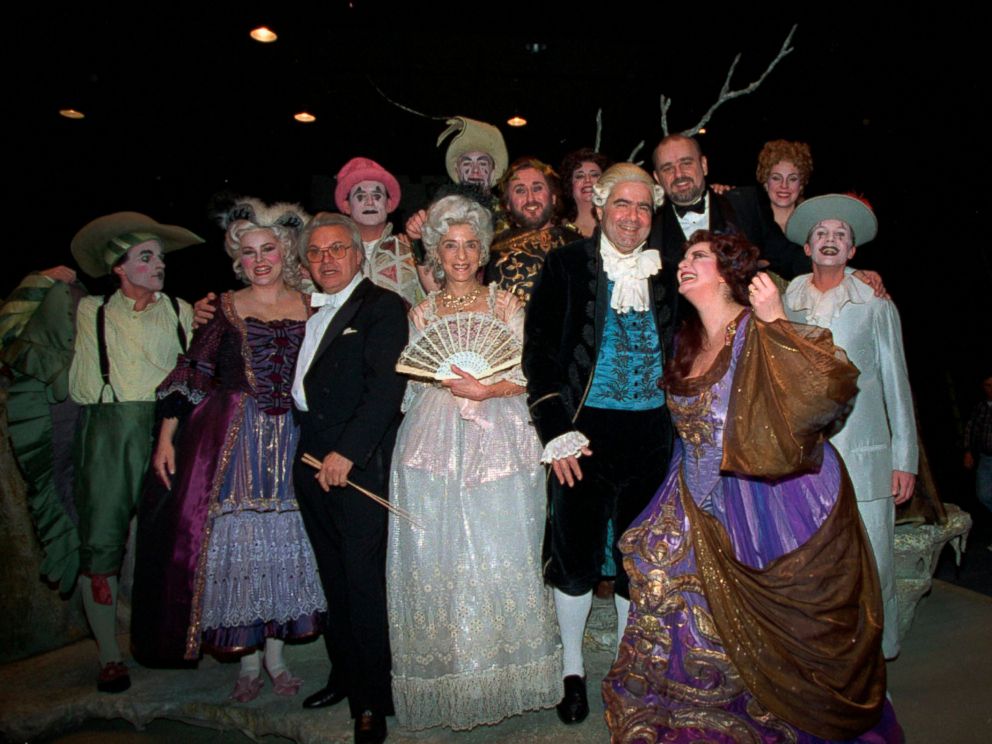 PHOTO:Supreme Court Justices Ruth Bader Ginsburg, and Antonin Scalia, fourth and fifth from left, pose with members of Ariadne auf Naxos at the Washington opera, Jan. 8, 1994. The justices, both opera lovers, appeared as extras during the performance.