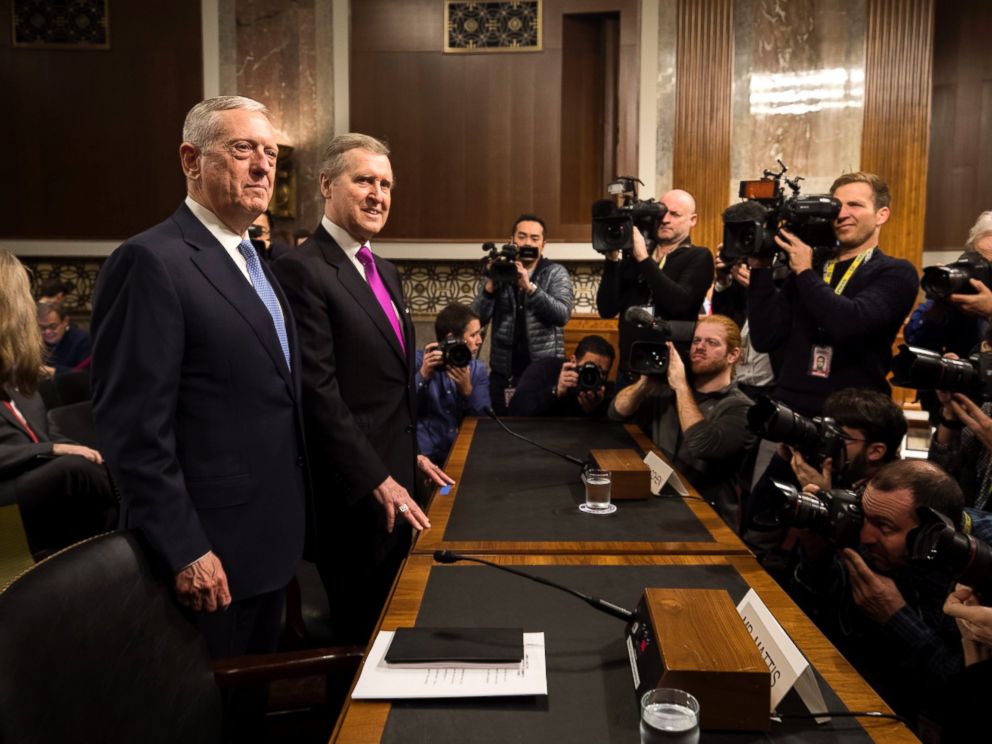 PHOTO: Retired United States Marine Corps general and Donald Trumps nominee for Secretary of Defense James Mattis, stands next to former Secretary of Defense William Cohen in Washington, Jan. 12, 2017.