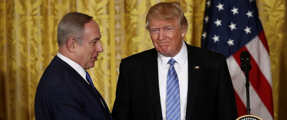PHOTO: Israel Prime Minister Benjamin Netanyahu and President Donald Trump shake hands during a joint news conference at the East Room of the White House, Feb. 15, 2017, in Washington.
