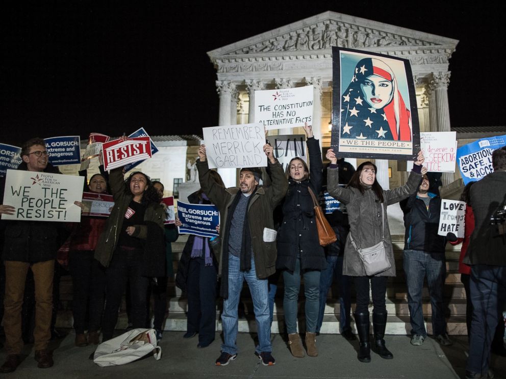 PHOTO: Protestors gather outside of the Supreme Court, Jan. 31, 2017, in Washington.
