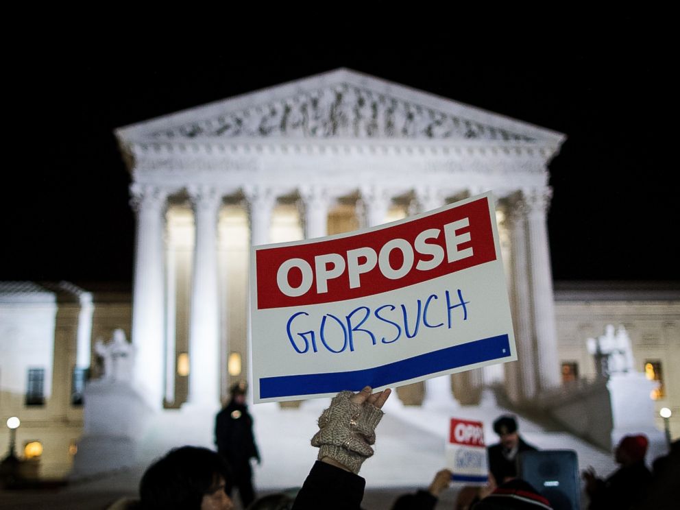 PHOTO: Protestors gather outside of the Supreme Court, Jan. 31, 2017, in Washington.