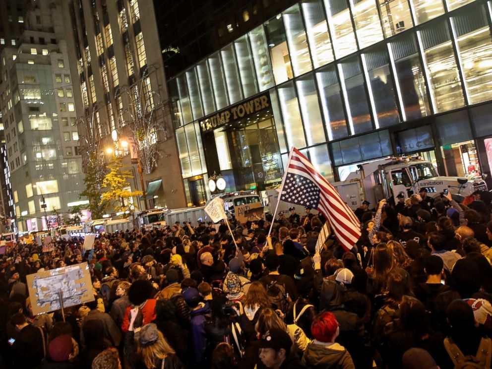 PHOTO: Hundreds of protestors rallying against Donald Trump gather outside of Trump Tower, Nov. 9, 2016 in New York City. 