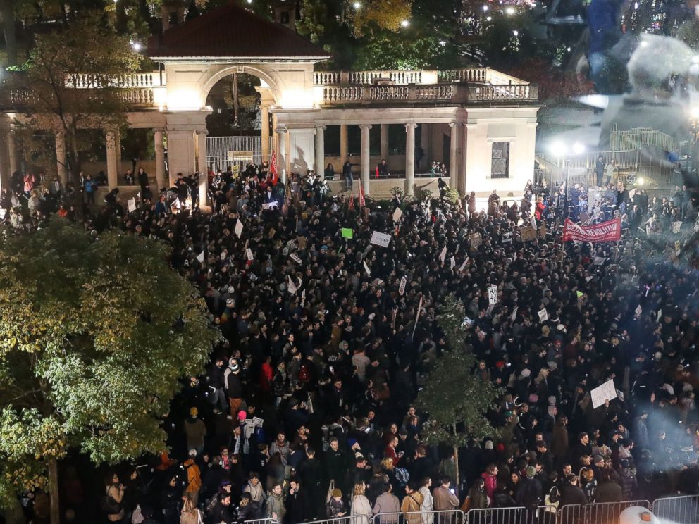 PHOTO: Hundreds of protestors rallying against Donald Trump gather in Union Square, Nov. 9, 2016 in New York City. 
