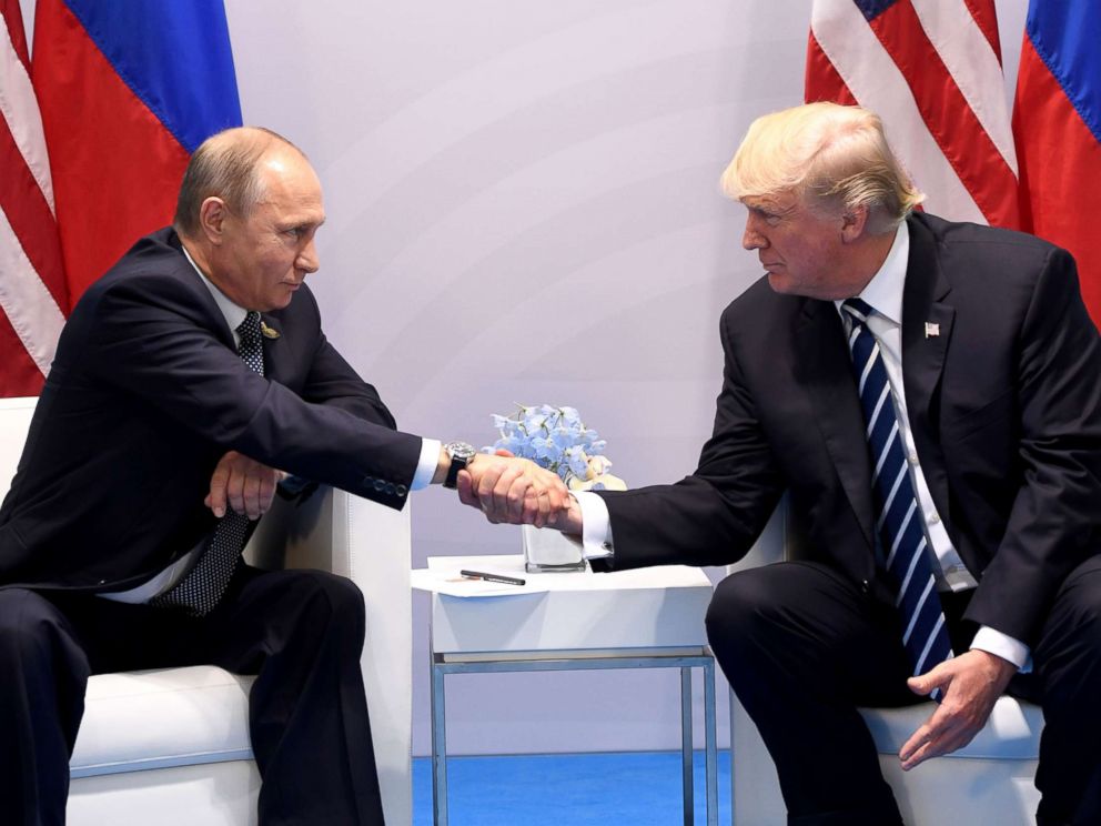 PHOTO: President Donald Trump and Russias President Vladimir Putin shake hands during a meeting on the sidelines of the G20 Summit in Hamburg, Germany, July 7, 2017.