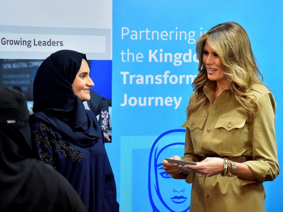 PHOTO: First Lady Melania Trump (R) visits the GE All-Women Business Process Services and IT Center, May 21, 2017, in the Saudi capital Riyadh. 