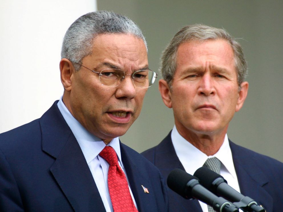 PHOTO: Secretary of State Colin Powell speaks during a press conference on terrorism with President George W. Bush, Sept. 24, 2001, in the Rose Garden at the White House, in Washington.