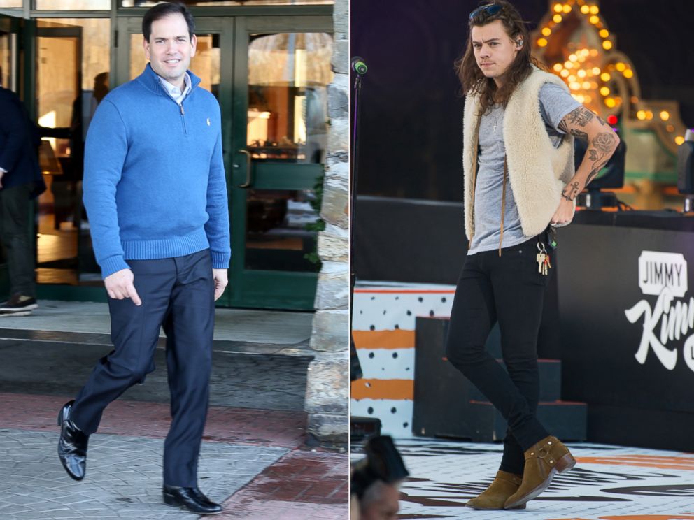 PHOTO:Republican presidential candidate Sen. Marco Rubio leaves a campaign stop, Jan. 3, 2016, in Atkinson, N.H. Harry Styles of the band One Direction is seen on Jimmy Kimmel Live, Nov. 19, 2015 in Los Angeles.