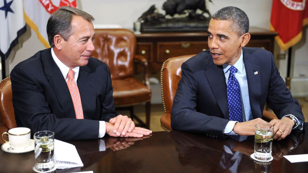 PHOTO: President Barack Obama, right, sits with Speaker of the House John Boehner during a meeting