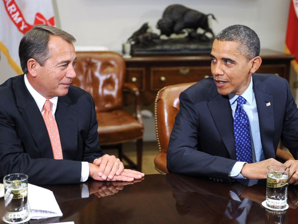 PHOTO: President Barack Obama, right, sits with Speaker of the House John Boehner during a meeting