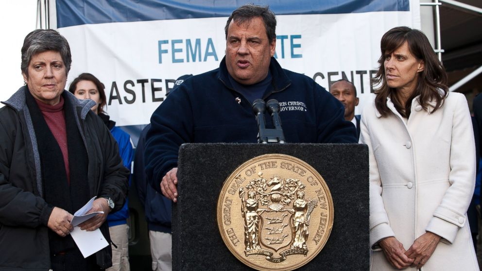 PHOTO: New Jersey Governor Chris Christie (C) is joined by Secretary Janet Napolitano (L) of Department of Homeland Security (DHS) and Mayor Dawn Zimmer (R) of Hoboken during a joint press conference on Nov. 4, 2012 in Hoboken, N.J.