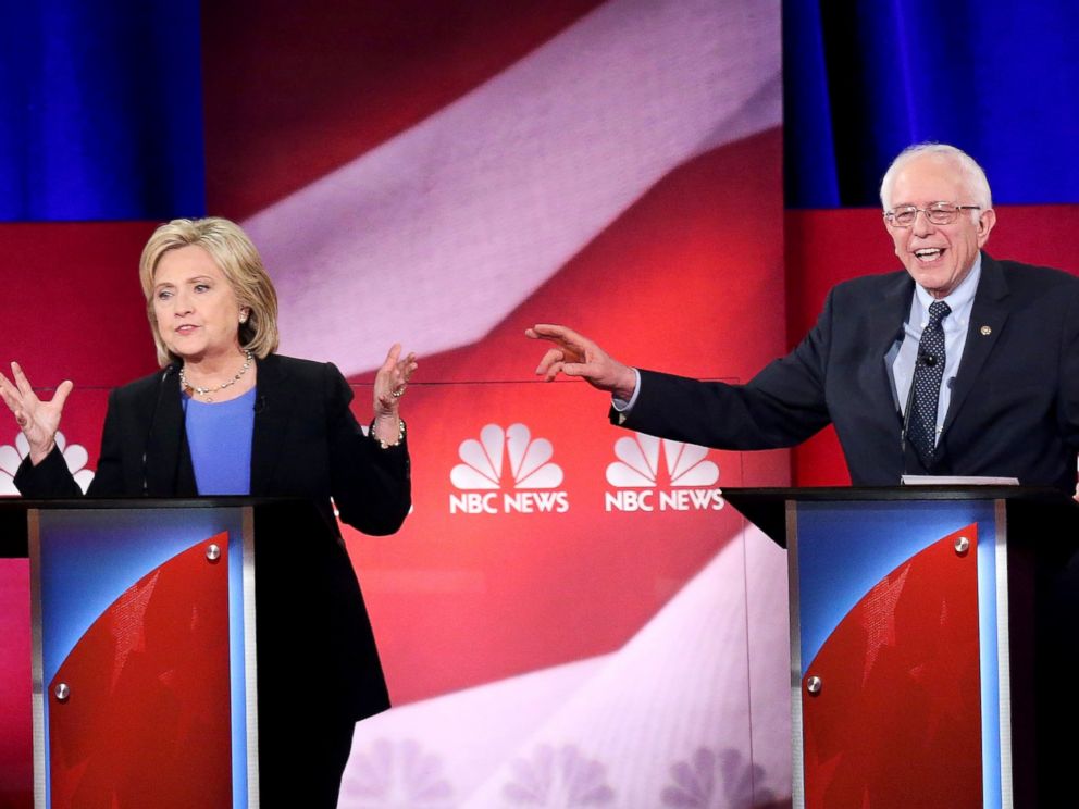 PHOTO: Hillary Clinton and Senator Bernie Sanders participate in the Democratic Candidate Debate hosted by NBC News and YouTube, Jan. 17, 2016, in Charleston, South Carolina.