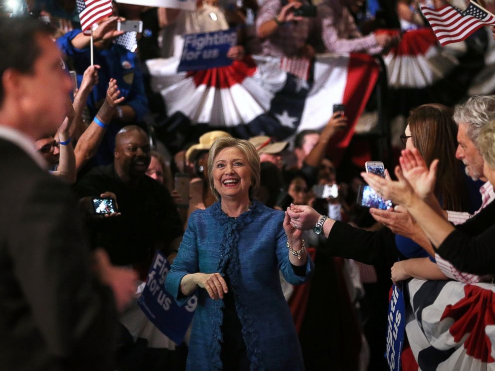 PHOTO: Democratic presidential candidate Hillary Clinton greets supporters during her primary night gathering, March 15, 2016 in West Palm Beach, Florida.
