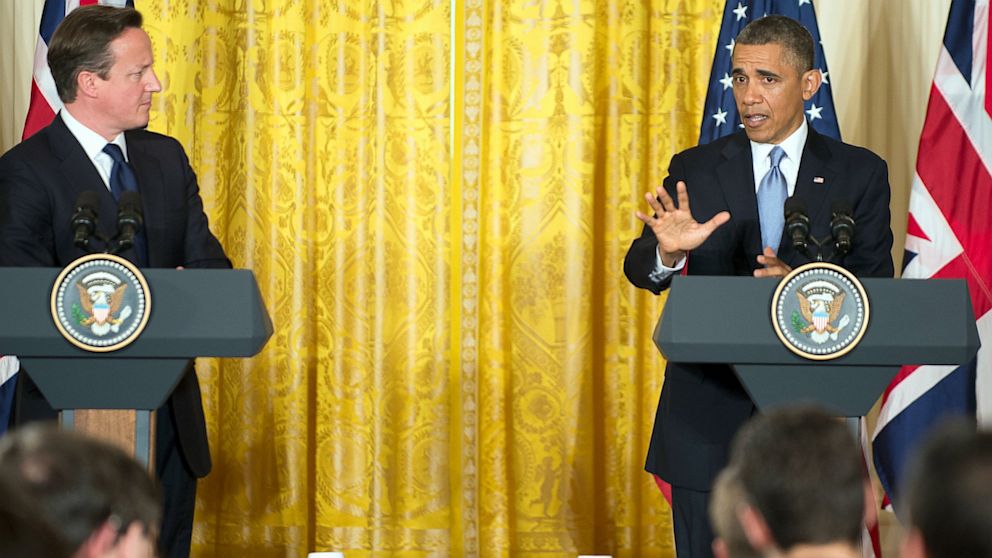 President Barack Obama and British Prime Minister David Cameron speak during a press conference at the White House in Washington, May 13, 2013.  