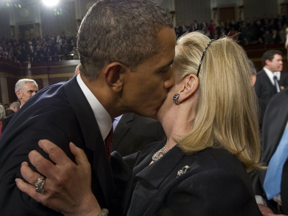 PHOTO: Barack Obama, left, greets Hillary Clinton, right, following the State of the Union address before a joint session of Congress on Capitol Hill on Jan. 24, 2012 in Washington, D.C.