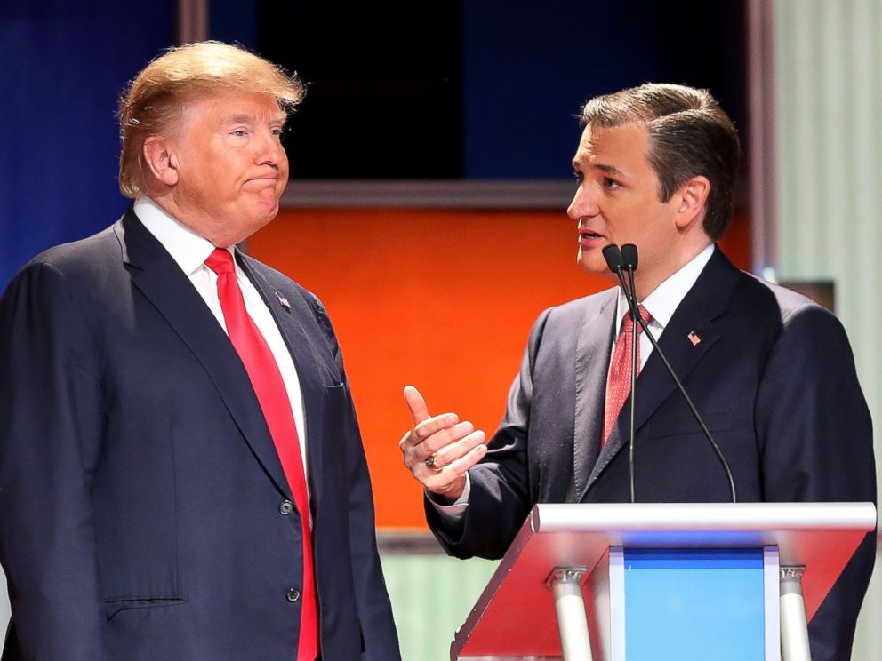 PHOTO: Donald Trump and Sen. Ted Cruz speak during the Fox Business Network Republican presidential debate at the North Charleston Coliseum and Performing Arts Center, Jan. 14, 2016, in North Charleston, South Carolina.