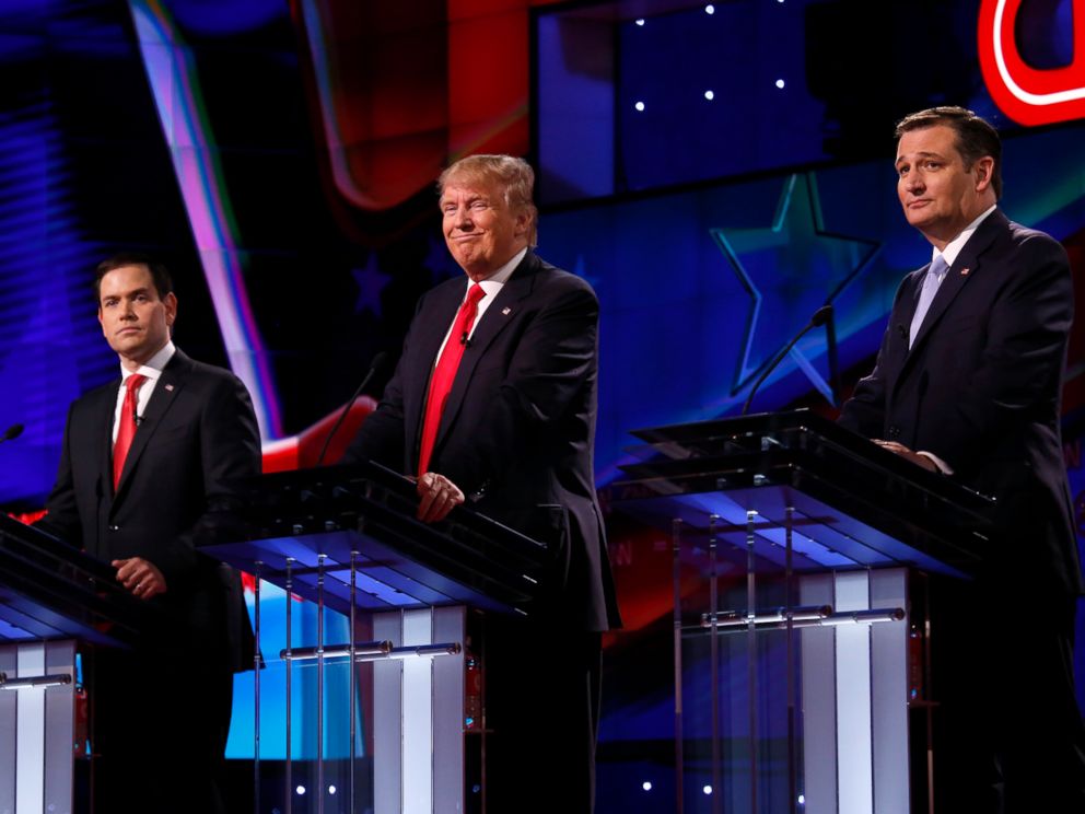 PHOTO: Marco Rubio, Donald Trump and Ted Cruz, take part in a debate, March 10, 2016.