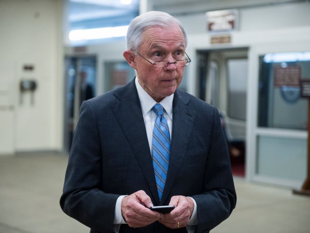 PHOTO: Alabama Senator Jeff Sessions gets off the Senate subway as he arrives for the Senate Republicans policy lunch, Jan. 27, 2016.
