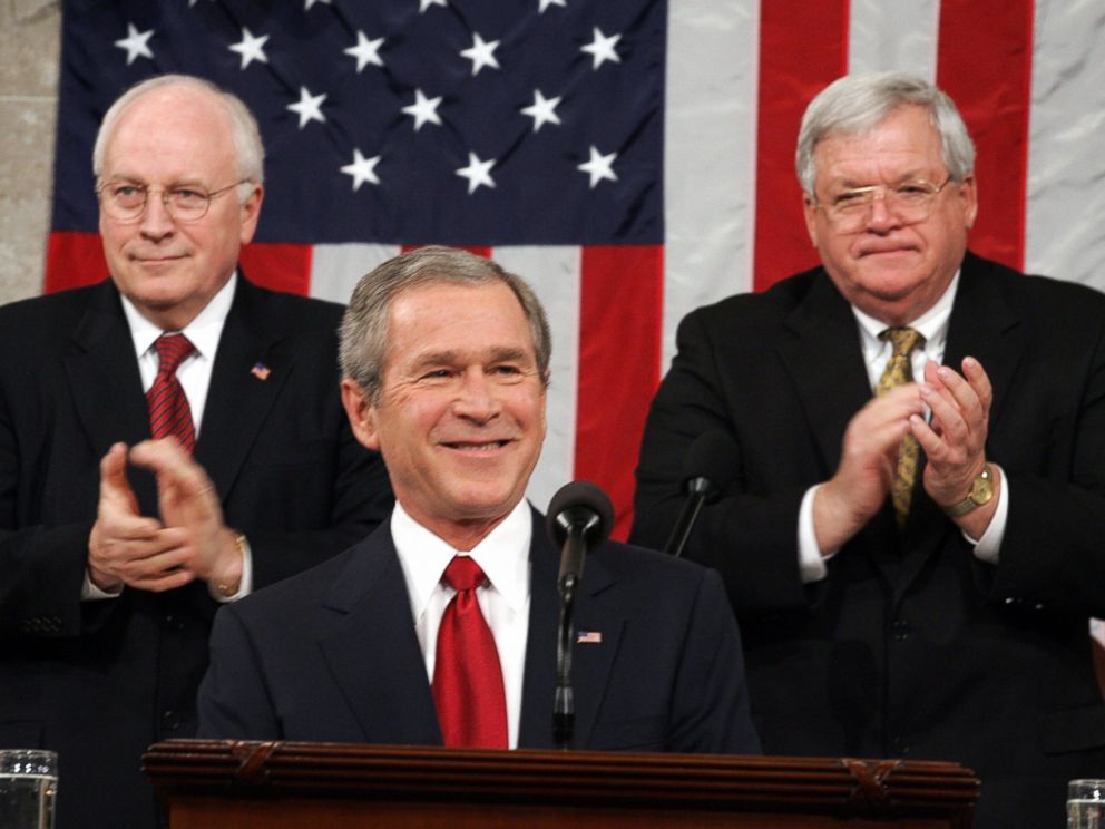 PHOTO: President George W. Bush, center, is applauded by Vice President Dick Cheney, left, and Speaker of the House Dennis Hastert, right, during Bushs State of the Union address at the U.S. Capitol in Washington, D.C. on Feb. 2, 2005. 