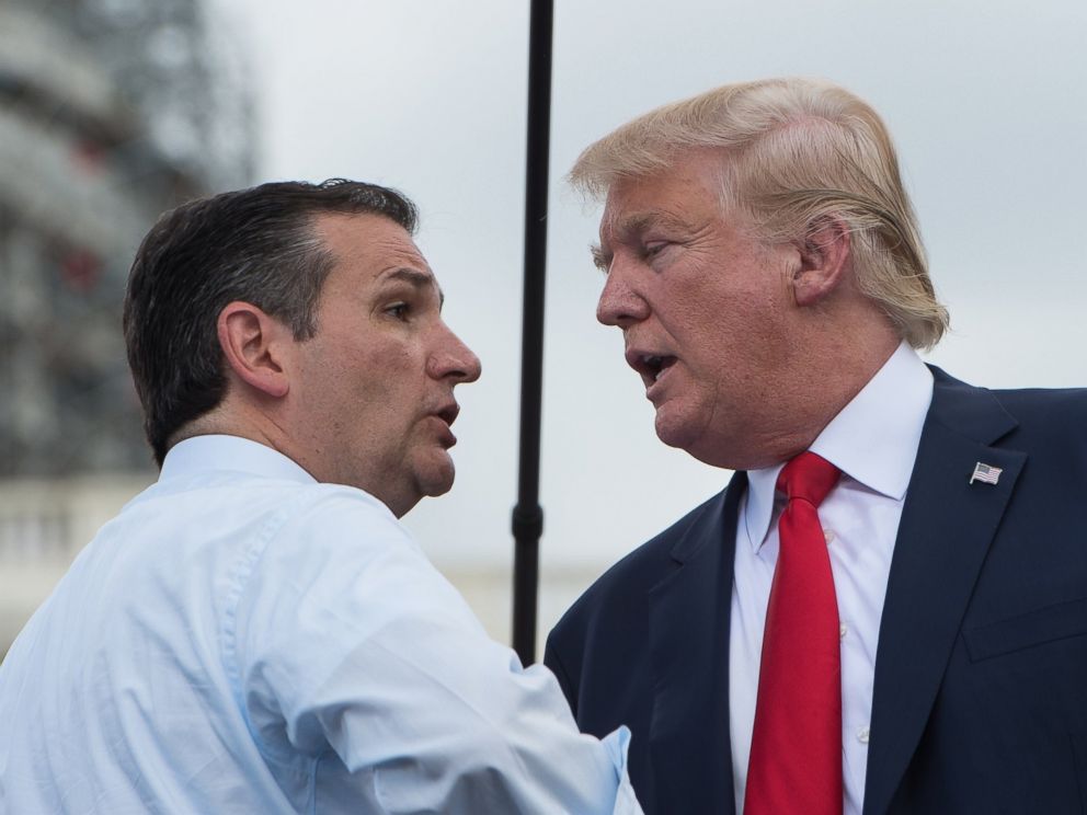 PHOTO: Donald Trump is greeted on stage by Ted Cruz before speaking at a rally against the Iran nuclear deal in Washington on Sept. 9, 2015.