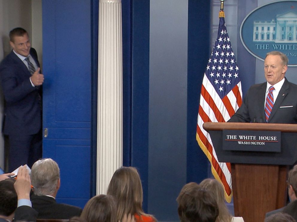 PHOTO: New England Patriots player Rob Gronkowski interrupts Sean Spicer at the White House press briefing, April 19, 2016, in Washington.