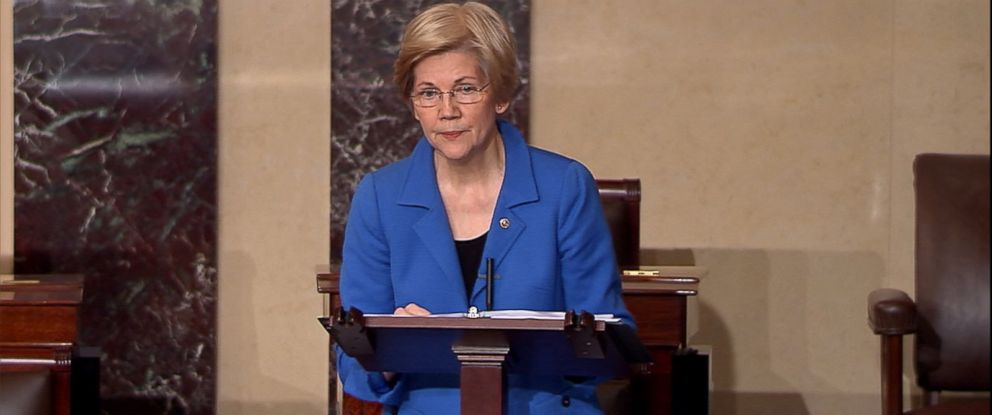 PHOTO: Democratic Senator Elizabeth Warren speaks on the Senate floor, Feb. 7, 2017. 