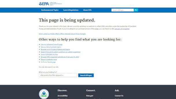 A screenshot of the EPA website on climate change taken April 29, 2017