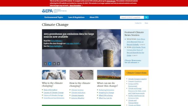 A screenshot of the EPA website on climate change archived on January 19, 2017
